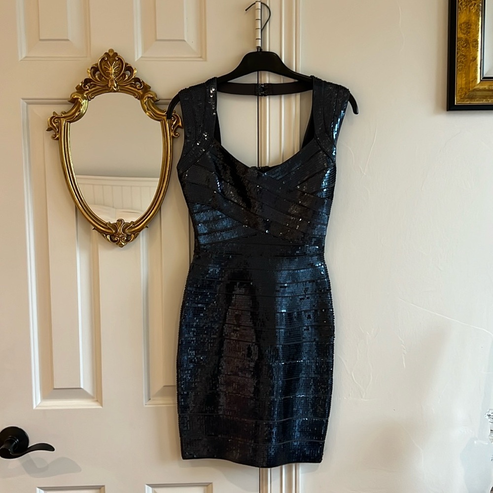 Herve Leger, navy blue sequence dress